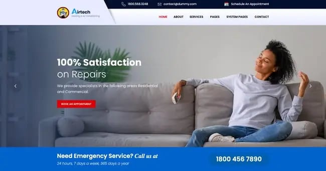 blue website themes: Airtech features blue as a background color and red as an accent colors