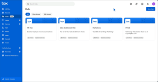 box platform dashboard displaying content hubs for hr, sales enablement, marketing, and it departments
