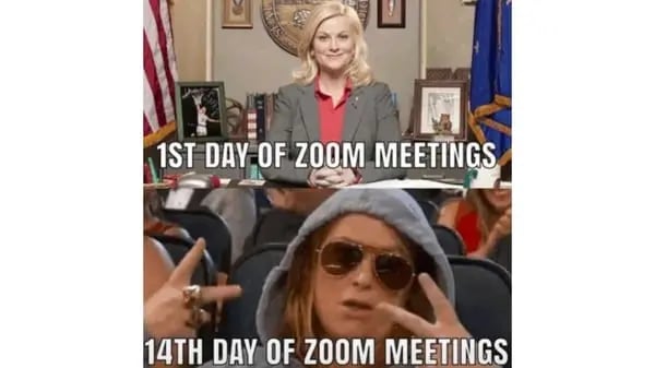 Brand perception: Zoom meme, first image: woman dressed professionally with the caption first day of zoom meetings; second image: woman wearing hoody and sunglasses with the caption 14th day of zoom meetings.