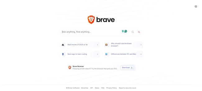 brave browser home page, web search