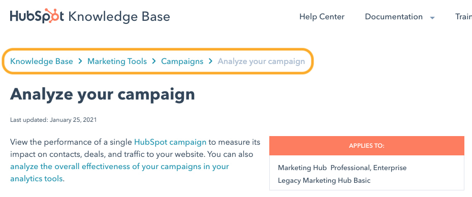 breadcrumbs navigation example; hubspot knowledge base showing where a user currently is and each successive parent page
