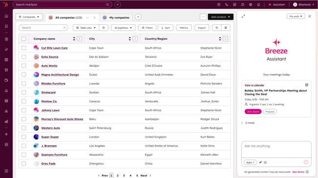 breeze user interface showing Breeze Assistant, CRM for startups