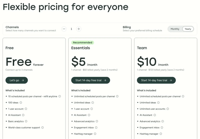 buffer pricing comparison chart for free, essentials ($5month), and team ($10month) plans. each plan highlights features like scheduled posts, ai assistant, analytics, and user accounts.
