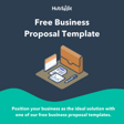 Illustration of a business proposal template featuring a briefcase, calendar, and stationery, accompanied by promotional text about positioning a business effectively with free templates.