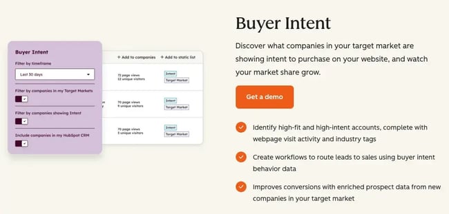 buyer Intent feature overview showing filtering options, intent signals, and benefits like identifying high-intent accounts, automating lead routing, and improving conversions, customer journey personalization