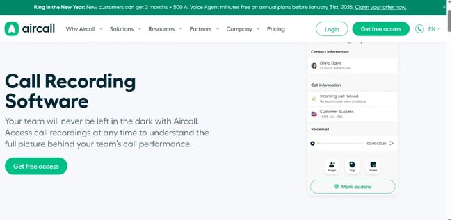 call recording software for small business. image showing the website of aircall