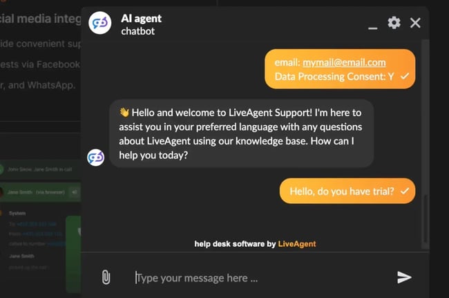 LiveAgent chatbot interface with AI agent handling customer inquiry and data consent collection