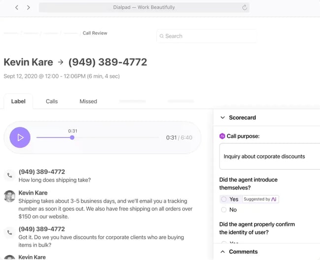 Dialpad call review interface displaying call recording player and scorecard with AI suggestions