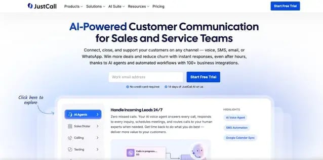 ustCall homepage showcasing AI-powered customer communication platform for sales and service teams