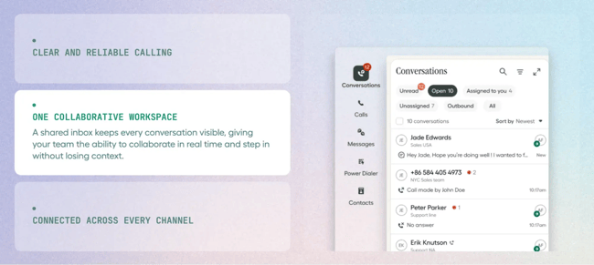 Ringover call center software interface with shared inbox, calls sidebar, and conversation list