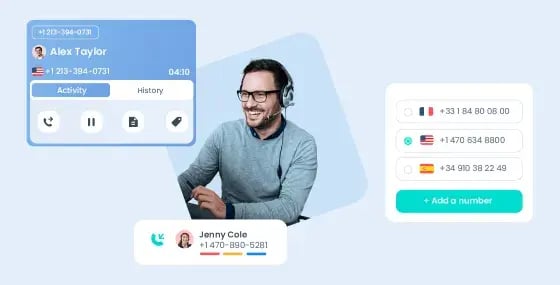 Aircall phone system interface showing active call with agent control panel and international numbers