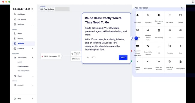 CloudTalk call routing designer showing visual workflow for routing incoming calls with multiple actions