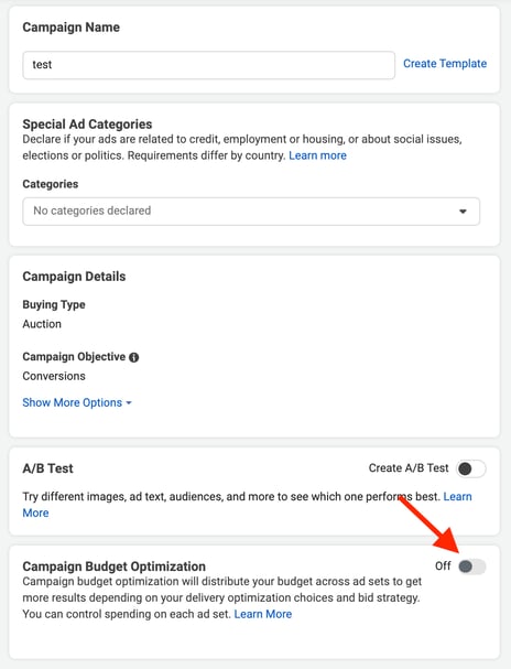 facebook cbo tutorial: campaign budget optimization toggle button