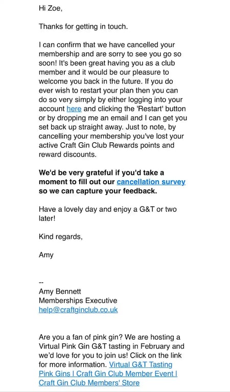 cancellation email from Craft Gin Club
