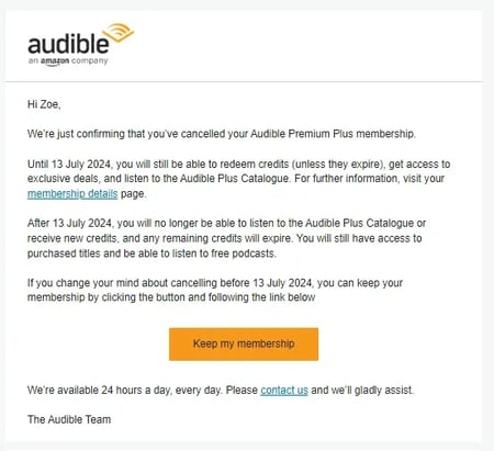 cancellation email from Audible
