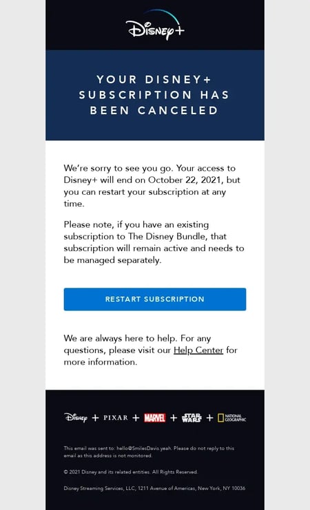 cancellation email example from Disney