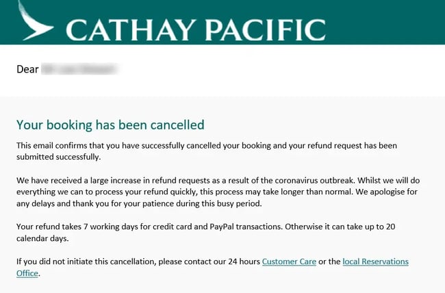 cancellation email example from Cathay Pacific