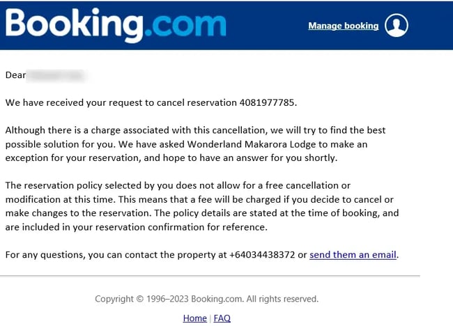 cancellation email example from Booking.com