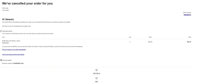 cancellation order confirmation example from Kmart