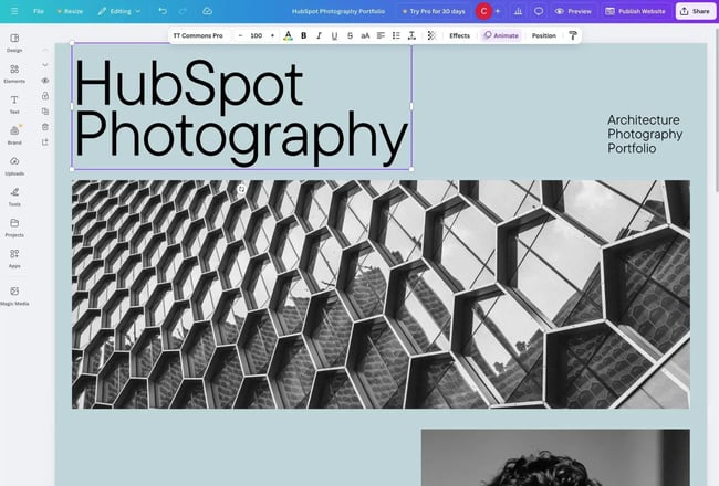 canvas drag-and-drop website editor experience