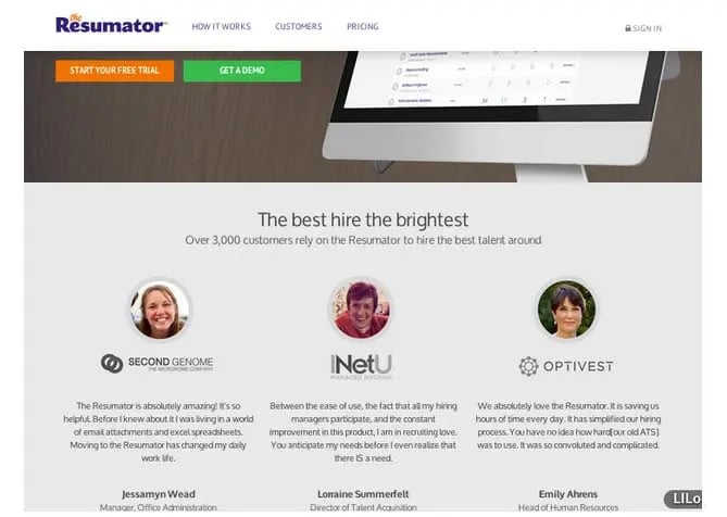 customer testimonials on theresumator homepage