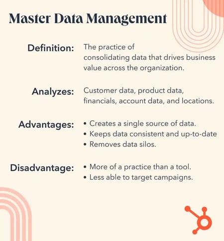 master data management. Definition, the practice of consolidating data that drives business value. Analyzes, customer data, product data, and locations. Advantages, creates a single source of data. Disadvantages, more of a practice than a tool.