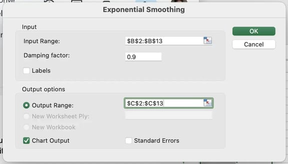 sales forecasting in excel, exponential smoothing step 7