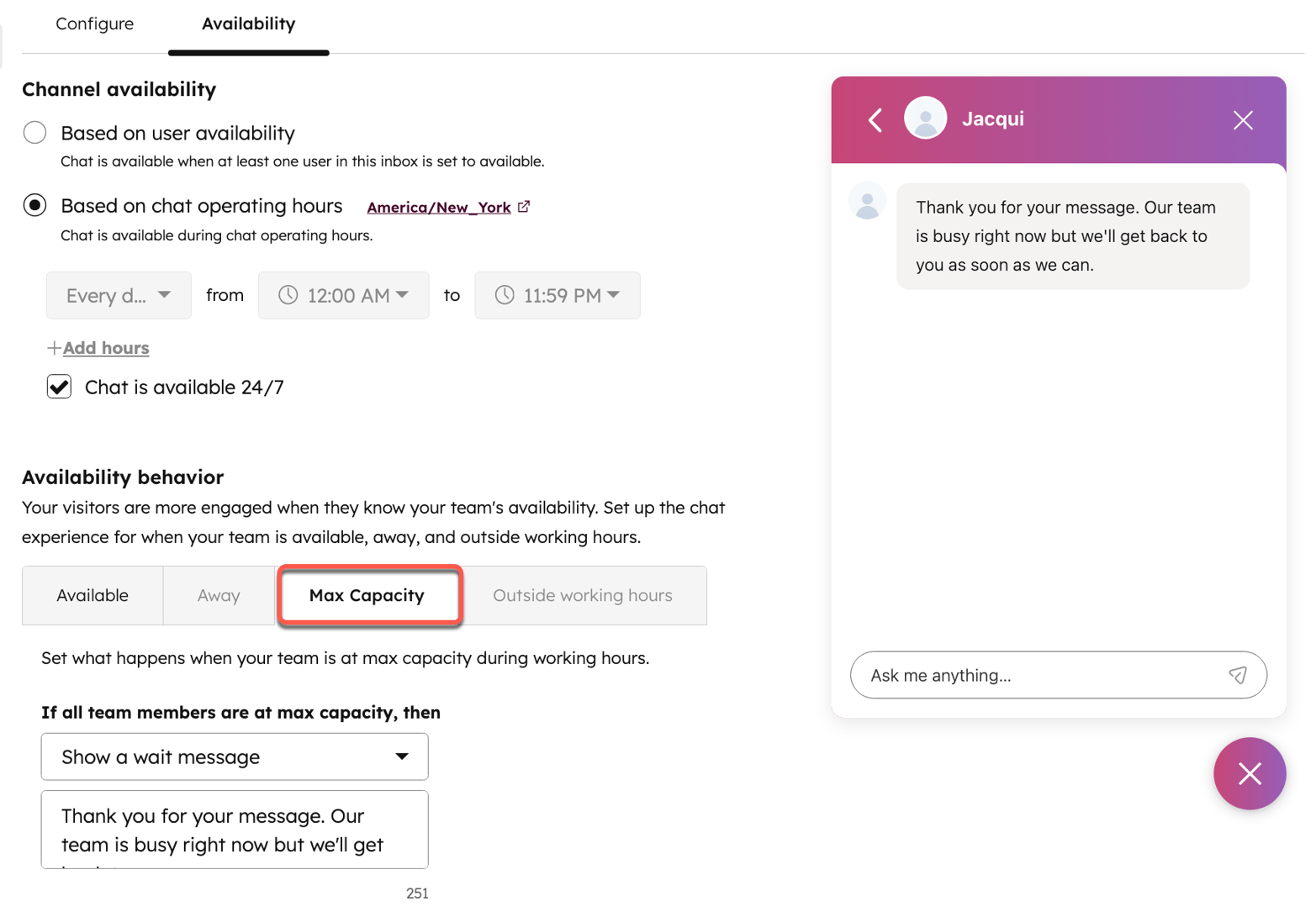 At Max Capacity Configure capacity limits for chat channels connected to the inbox