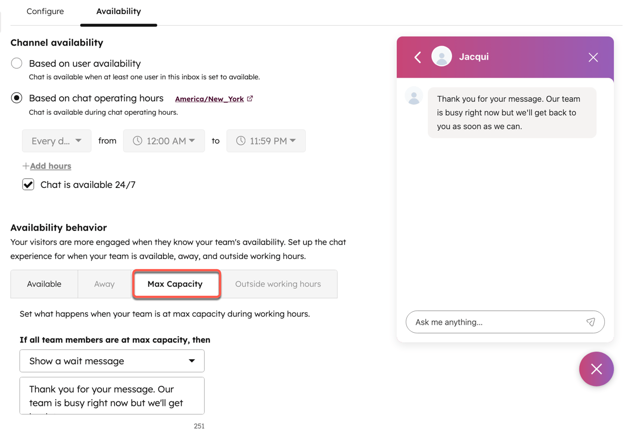 Configure capacity limits for chat channels connected to the inbox