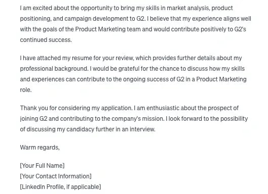 chatgpt marketing job email, specific closing