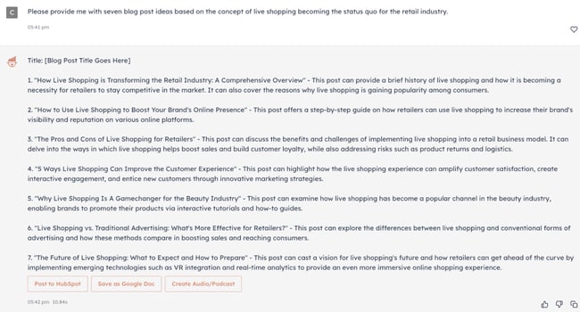 Screenshot of blog post titles generated by ChatSpot