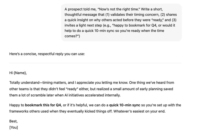 chatgpt prompts for sales emails, not a good time response-1