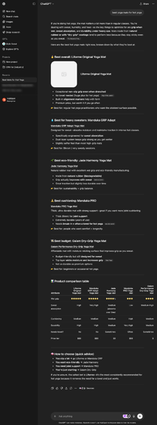 chatgpt results page showing anser engine recommendations to the query best yoga mat for hot yoga