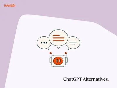a hubspot-branded featured image graphic with a lilac background and a light pink shape in the foreground, with the words ��chatGPT alternatives�� in the bottom right-hand corner