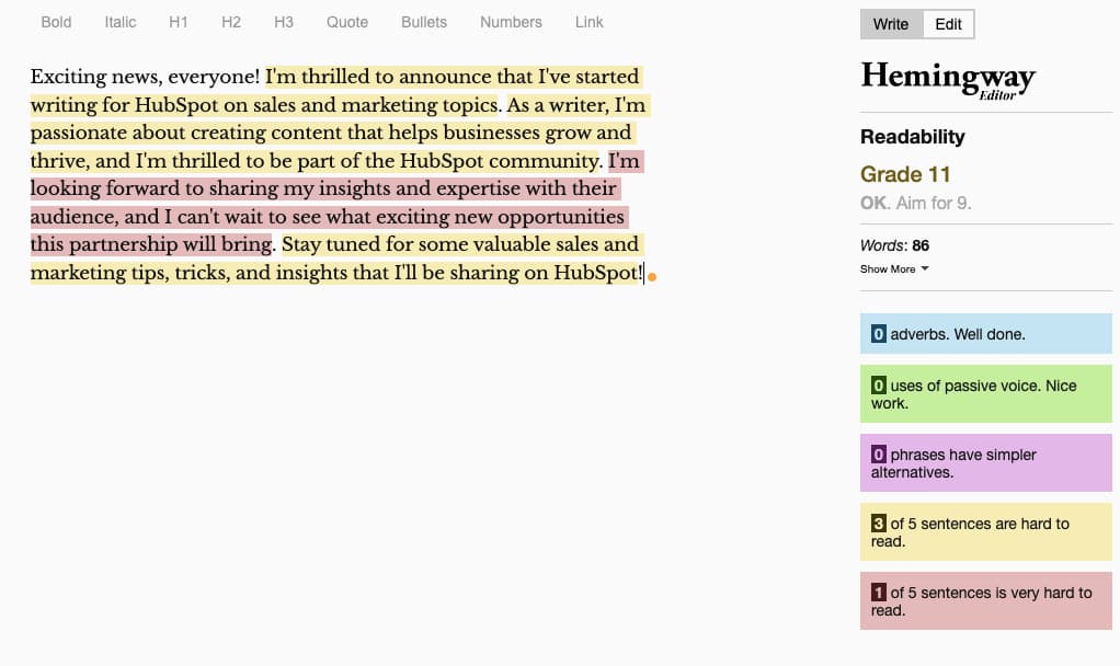 ChatGPT Social Media Post Example; checking the readability score in Hemingway.