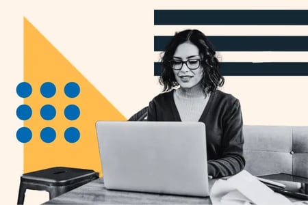 woman sitting on a computer in black in white with a yellow triangle and blue dots to her left