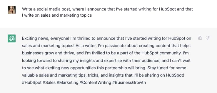 GPT-3 examples; write a social media post, where I announce that Ive started writing for ̽ѡ on sales and marketing.