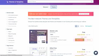 cheap web design tips: image shows hubspot's theme marketplace where there are different options for themes based on type of business, page type, and page feature.