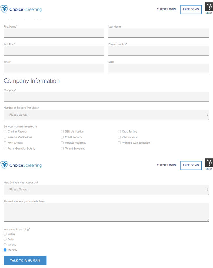 HubSpot – Anatomie einer Website, die Leads generiert – Choice Screening Kontaktformular