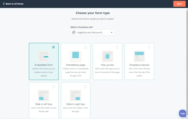 choosing an embedded form type in the online form builder from hubspot.