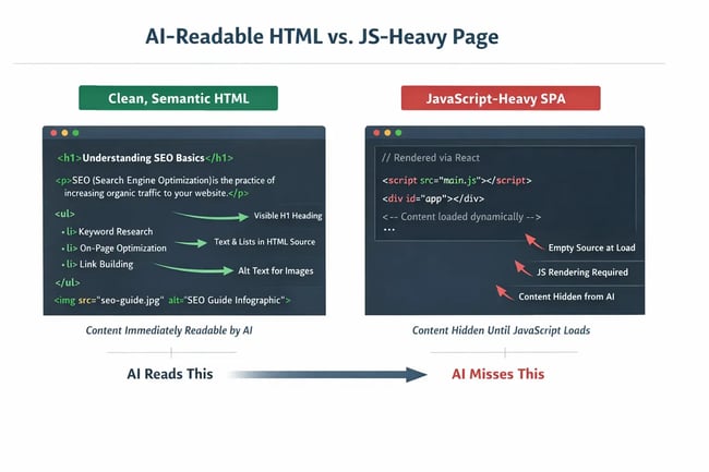 clean html code on an llm-friendly website vs non-readable javascript