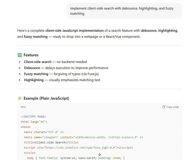 client-side search feature, ai prompts for web developers