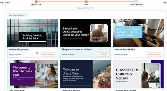 Animated Preview of Clip Creator Template Selection