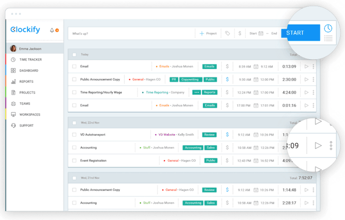 Clockify time tracking employee task sheet