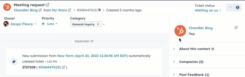 Conversations inbox is displayed. The user clicks "ticket status" in the upper right, then changes the status to "closed".