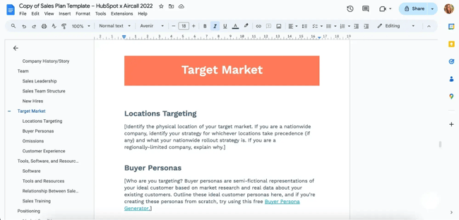 sales close plan target market template from HubSpot’s close plan template