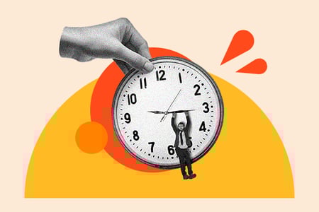 COB vs. EOD; Image shows a person holding a clock with a man hanging on to the minutes hand for dear life