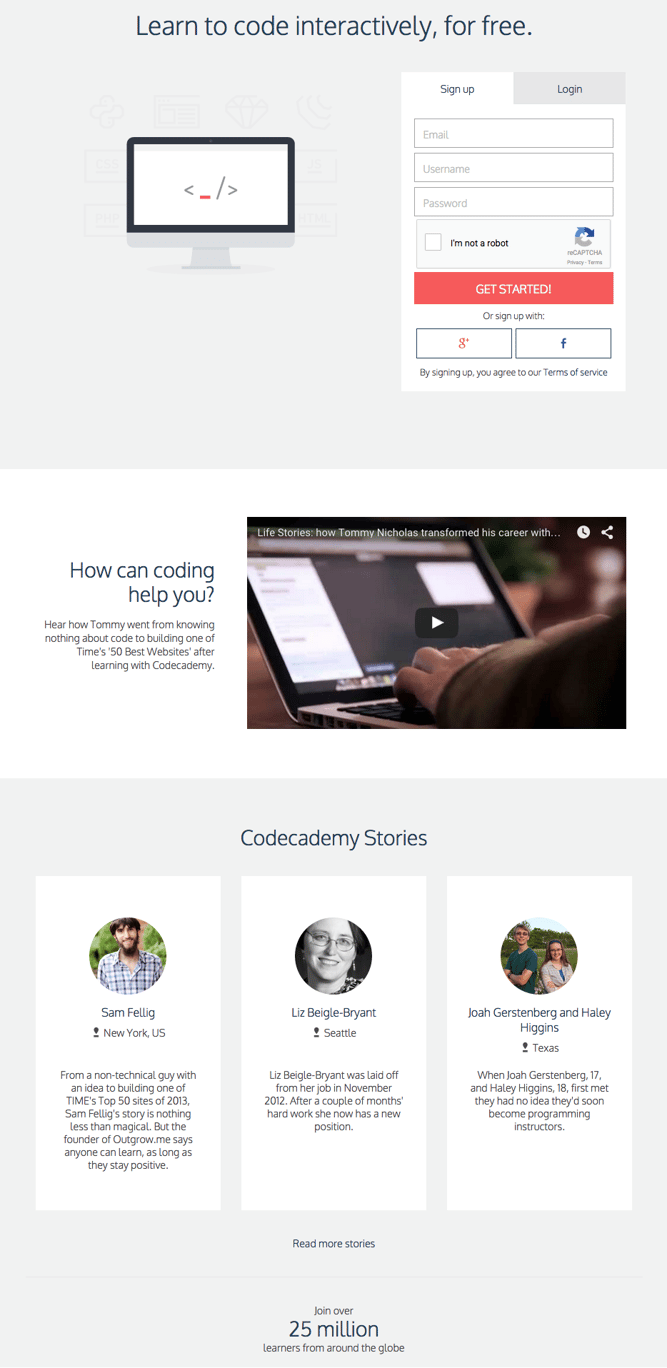 Codecademyのランディングページ