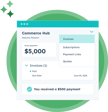 Dashboard interface of a financial application displaying a gross payment of $5,000, with details about paid invoices and a notification for a received payment of $500.