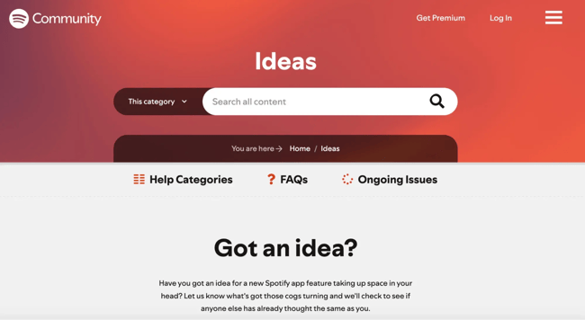 community management example, Spotify Ideas homepage